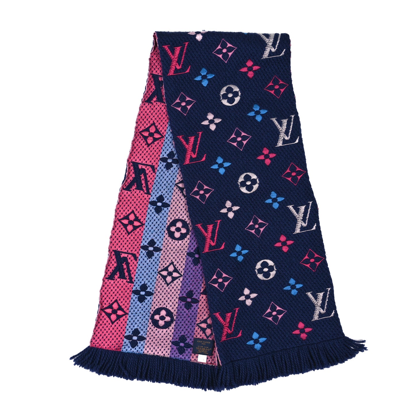 Wool Silk Rainbow Logomania Scarf Navy
