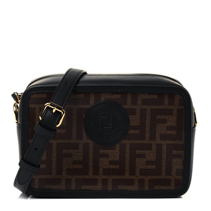 Fendi Glazed Fabric Vitello Century FF 1974 Stamp Patch Mini Camera Case Mogano Panna Black 1 of 4
