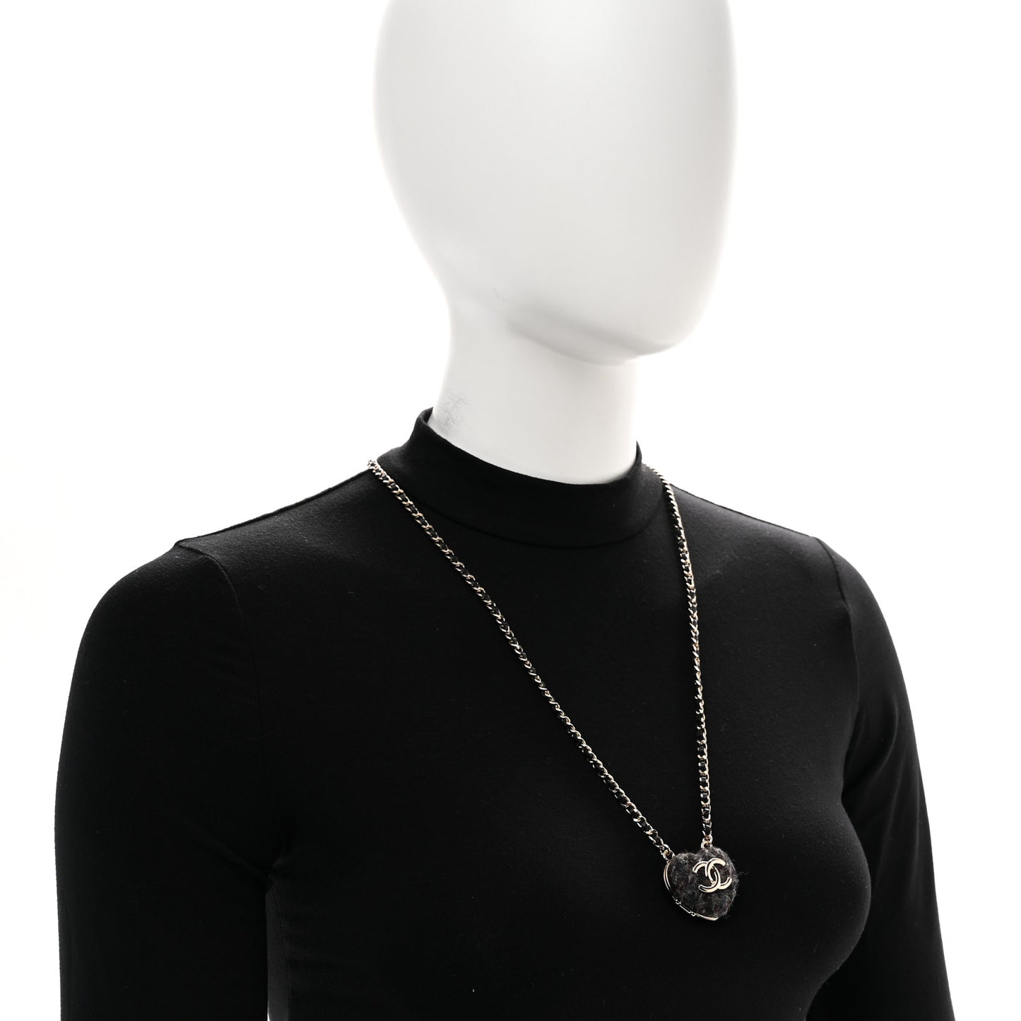 Tweed Lambskin CC Heart Locket Necklace Gold Black Beige
