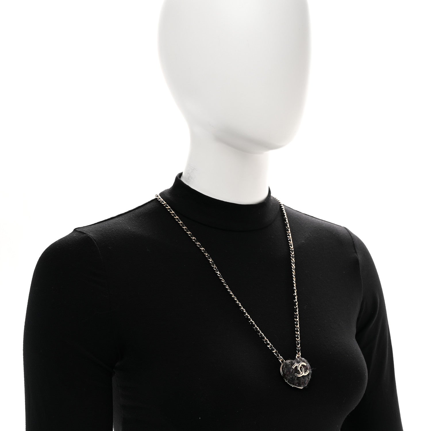 Chanel Tweed Lambskin CC Heart Locket Necklace Gold Black Beige 2 of 9