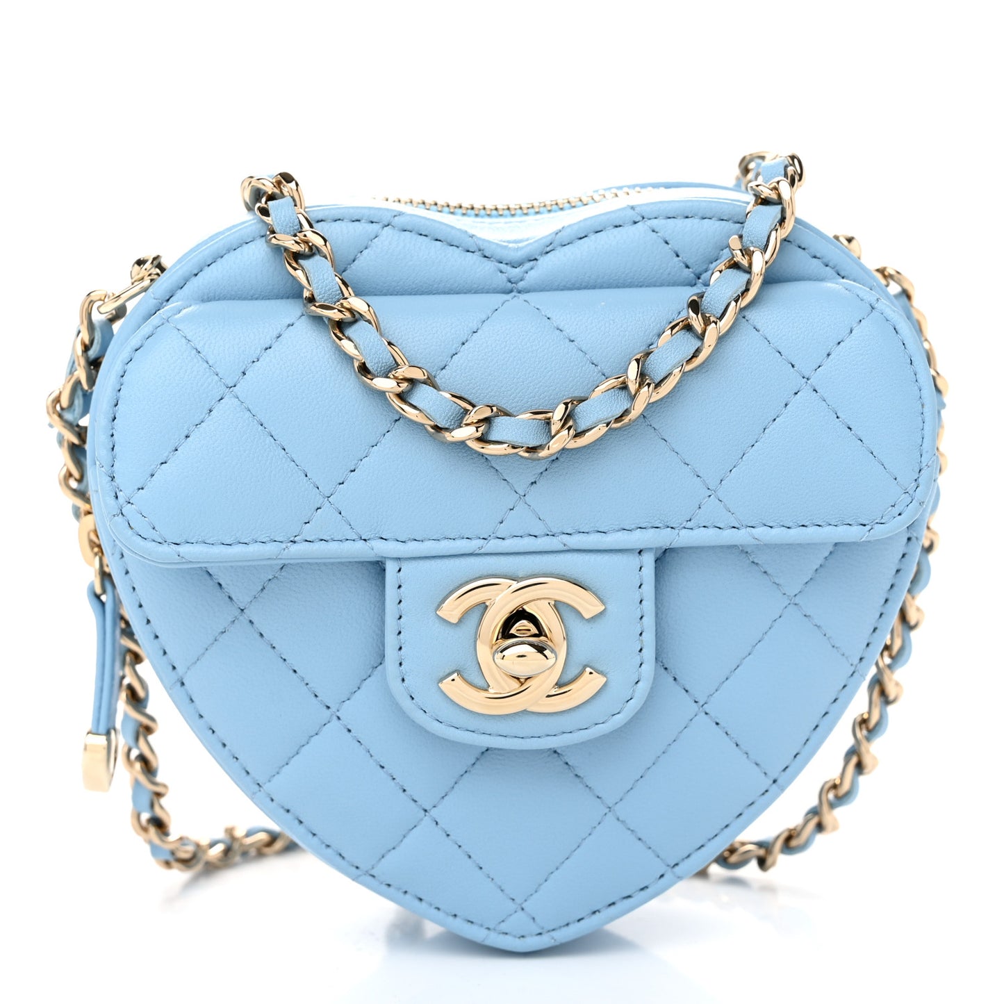 Lambskin Quilted CC In Love Heart Clutch With Chain Light Blue