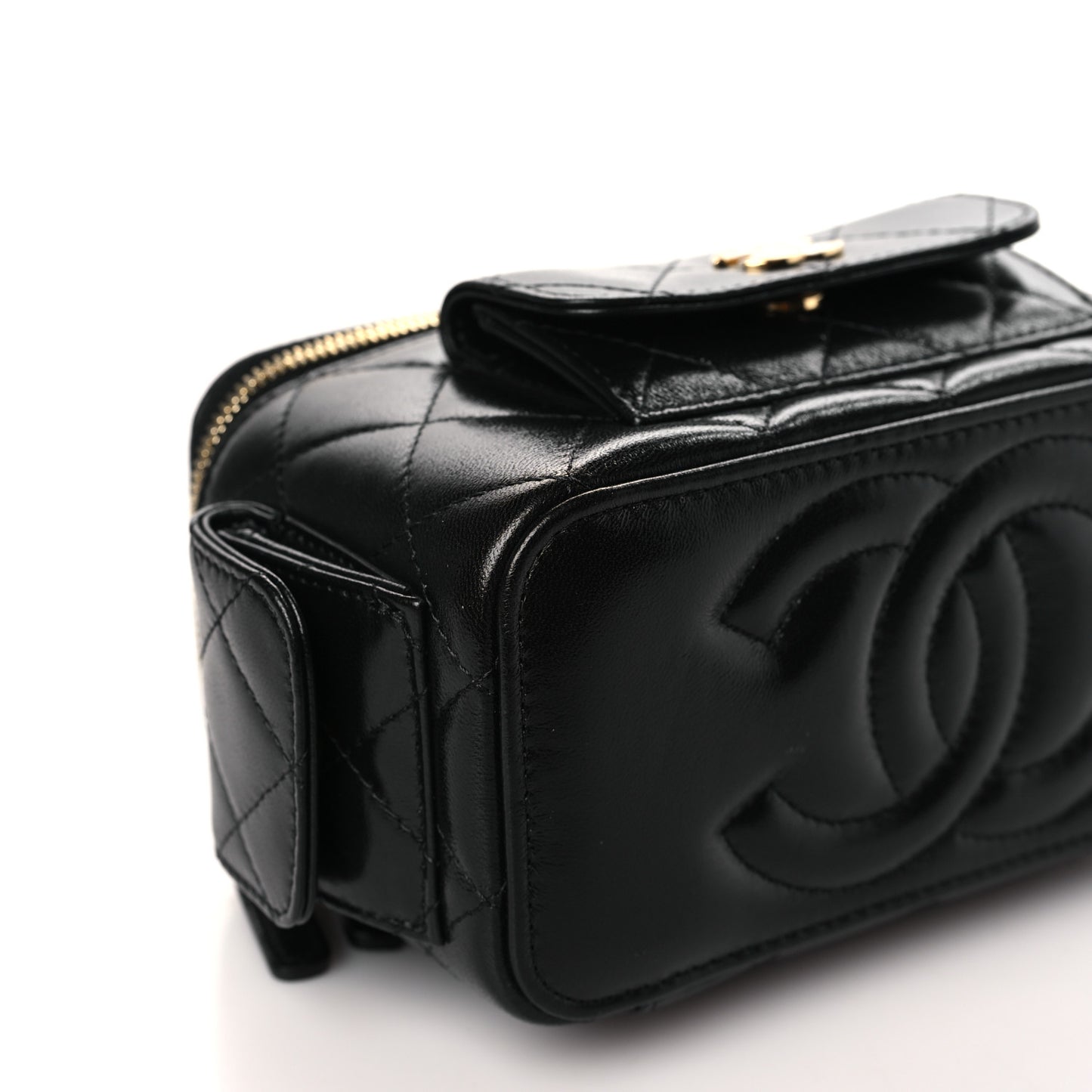 Lambskin Quilted Polly Pocket East West Top Vanity With Chain Black