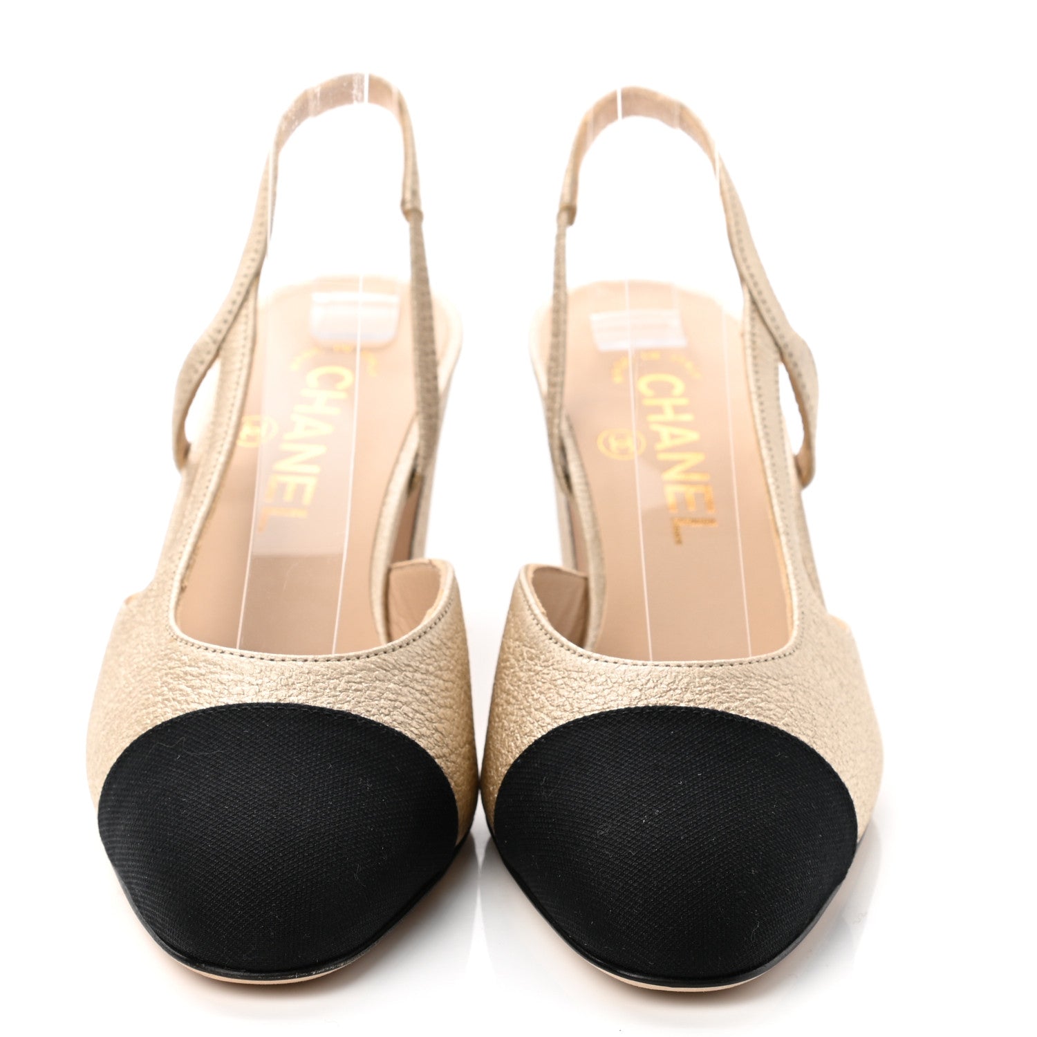 Chanel Metallic Lambskin Grosgrain Cap Toe CC Slingback Pumps 36.5 Gold Black 2 of 11
