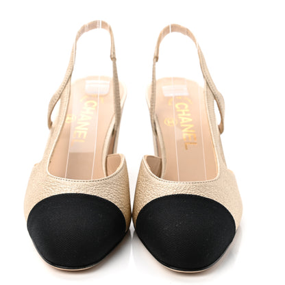 Chanel Metallic Lambskin Grosgrain Cap Toe CC Slingback Pumps 36.5 Gold Black 2 of 11