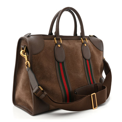 Gucci Suede Daino Textured Dollar Calfskin Web Medium Duffle Bag Deep Acero New Acero 3 of 13