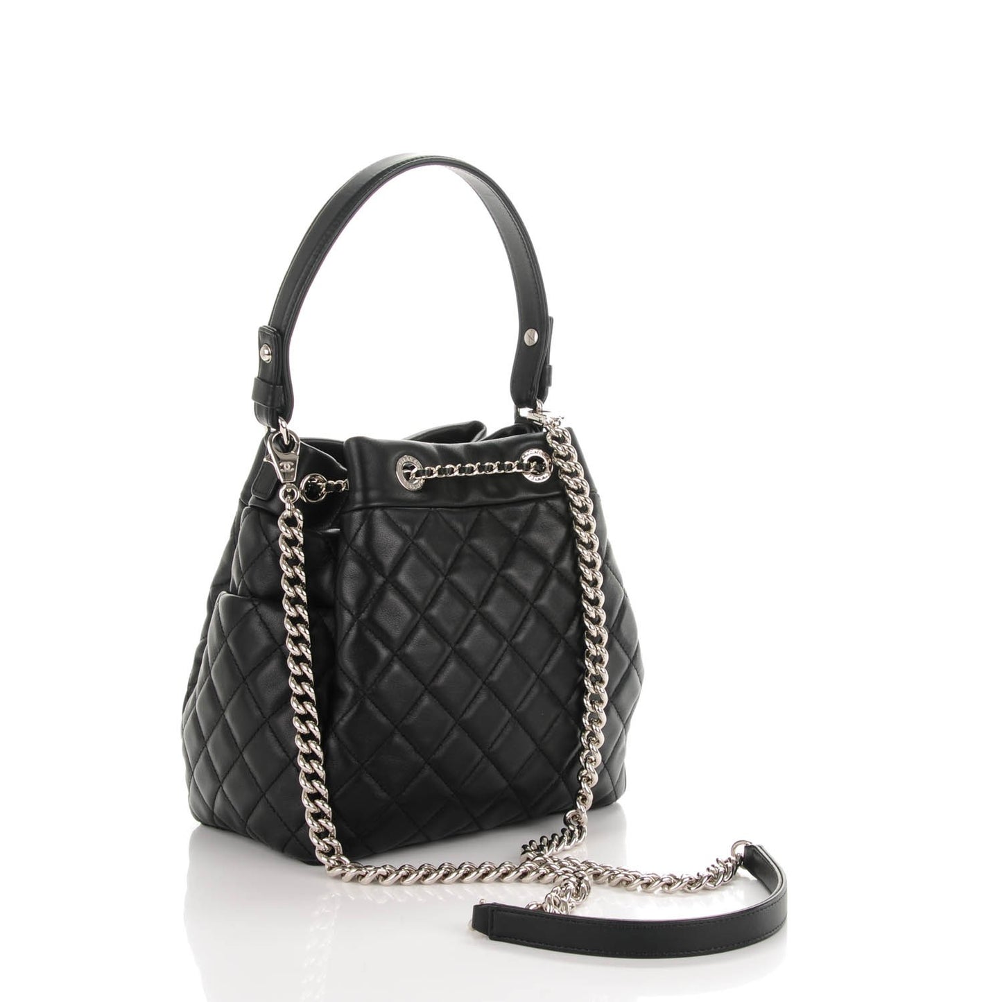 Lambskin Quilted Small CC Chain Drawstring Tote Black