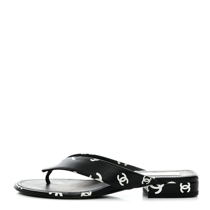 Chanel Printed Lambskin Coco Beach Thong Sandals 37 Black White 1 of 9