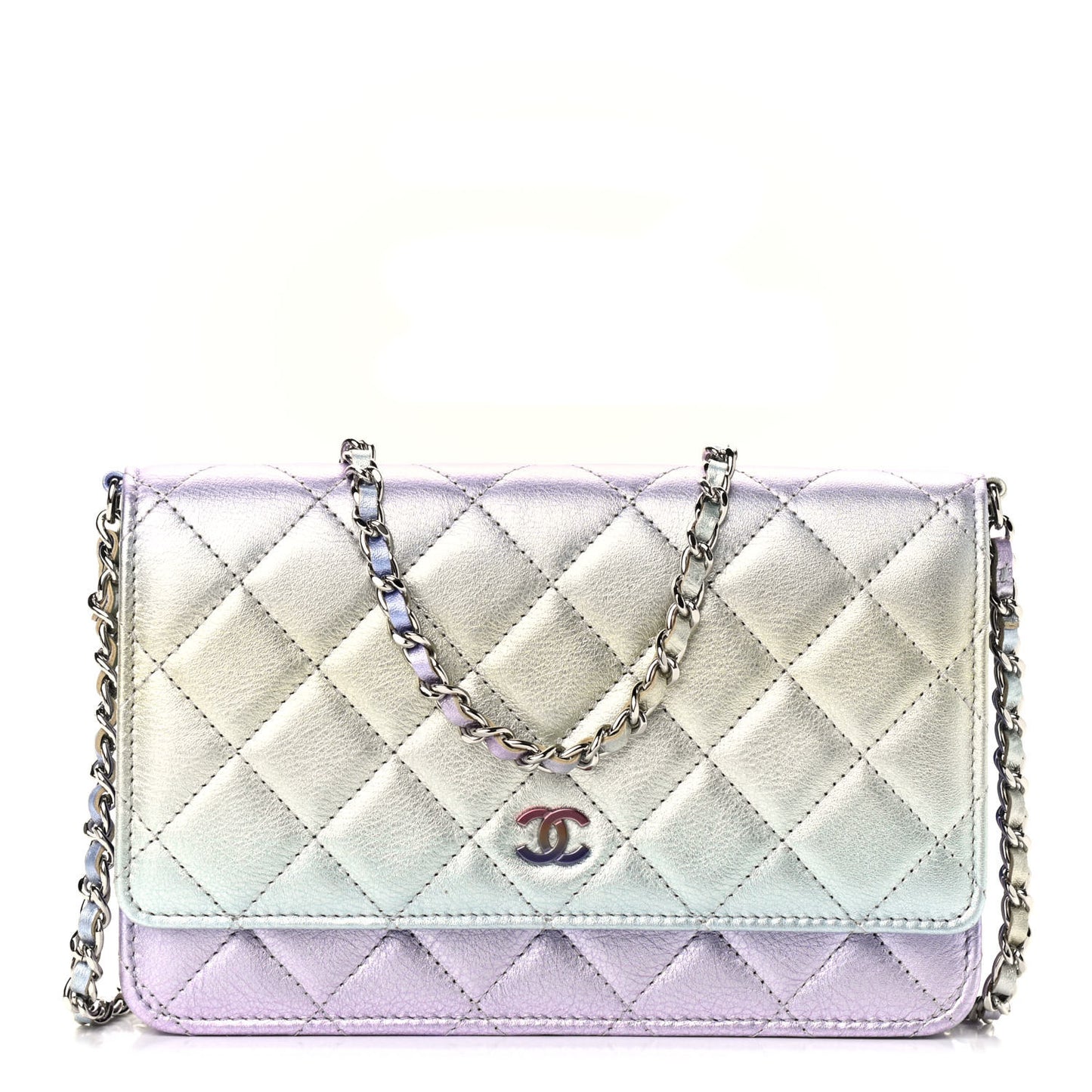 Gradient Metallic Calfskin Quilted Wallet On Chain WOC Silver Blue Yellow Purple