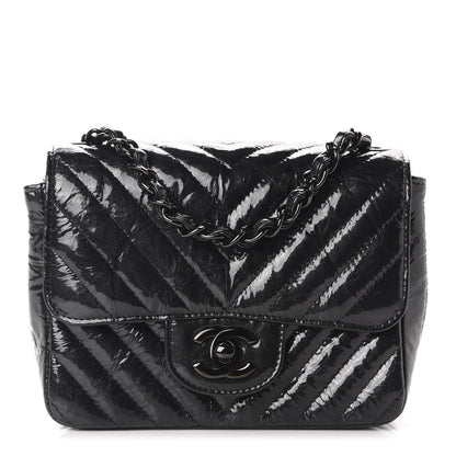 Chanel Metallic Patent Crumpled Calfskin Chevron Quilted Mini Square Flap Black 1 of 11
