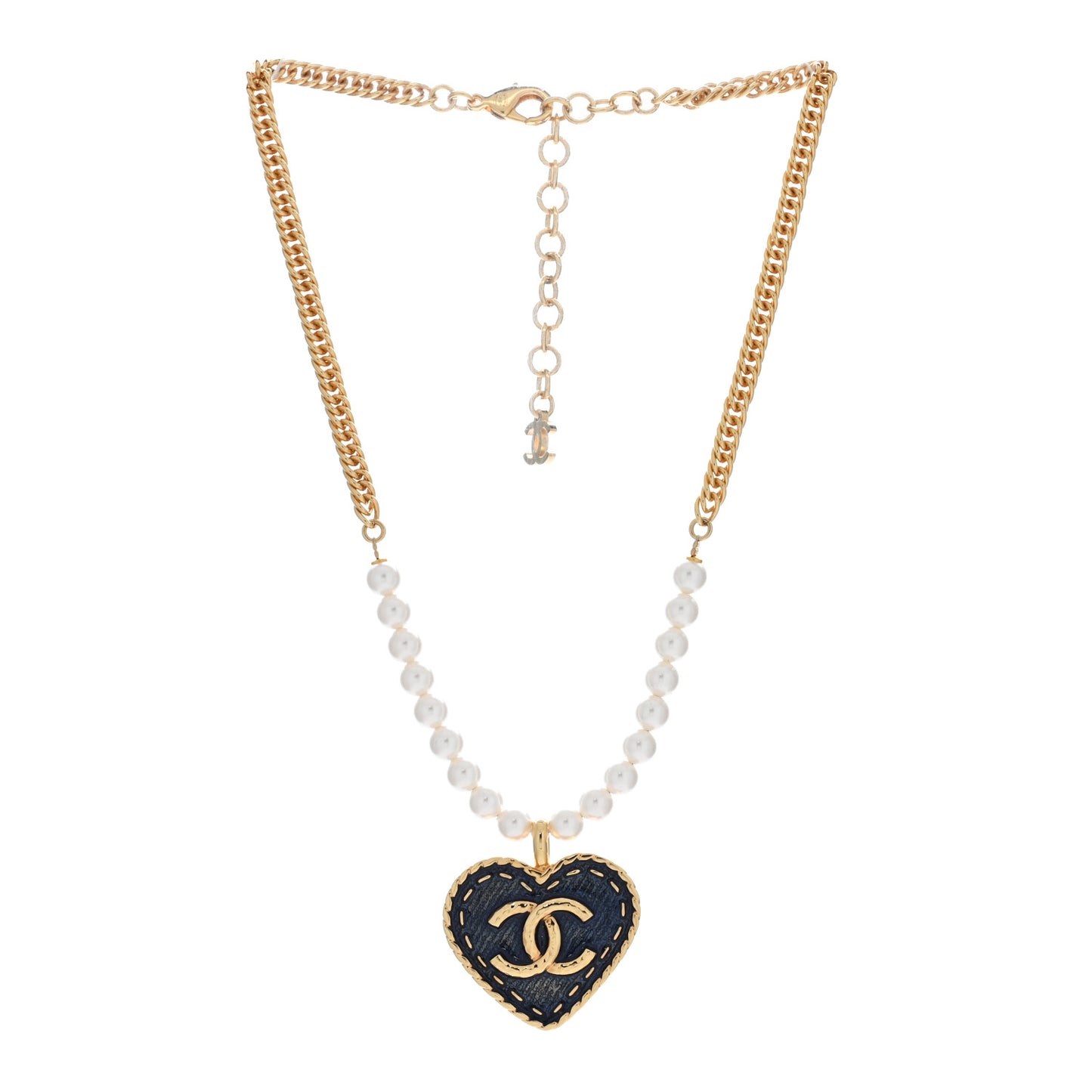 Metal Denim CC Heart Choker Gold Blue Pearly White