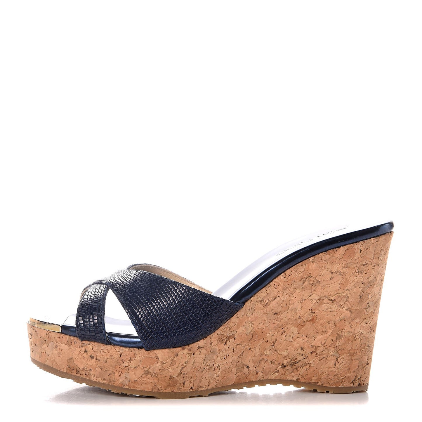 Snake Print Calfskin Embossed Cork Pandora Wedges 35.5 Navy