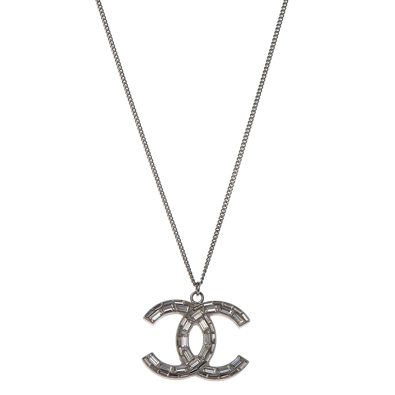Chanel Baguette Crystal CC Necklace Silver 1 of 7