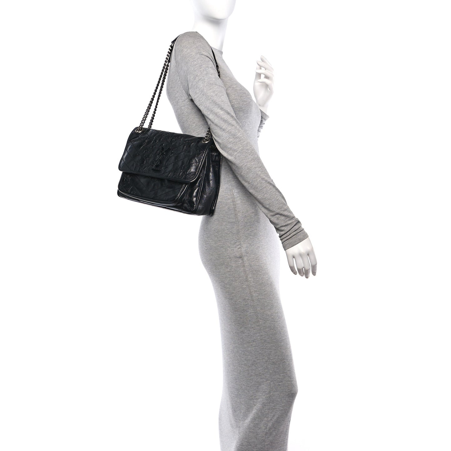 Crinkled Calfskin Matelasse Monogram Medium Niki Chain Satchel Black
