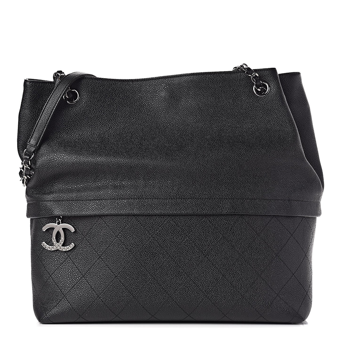Crumpled Grained Calfskin Zip and Carry Shopping Tote Black