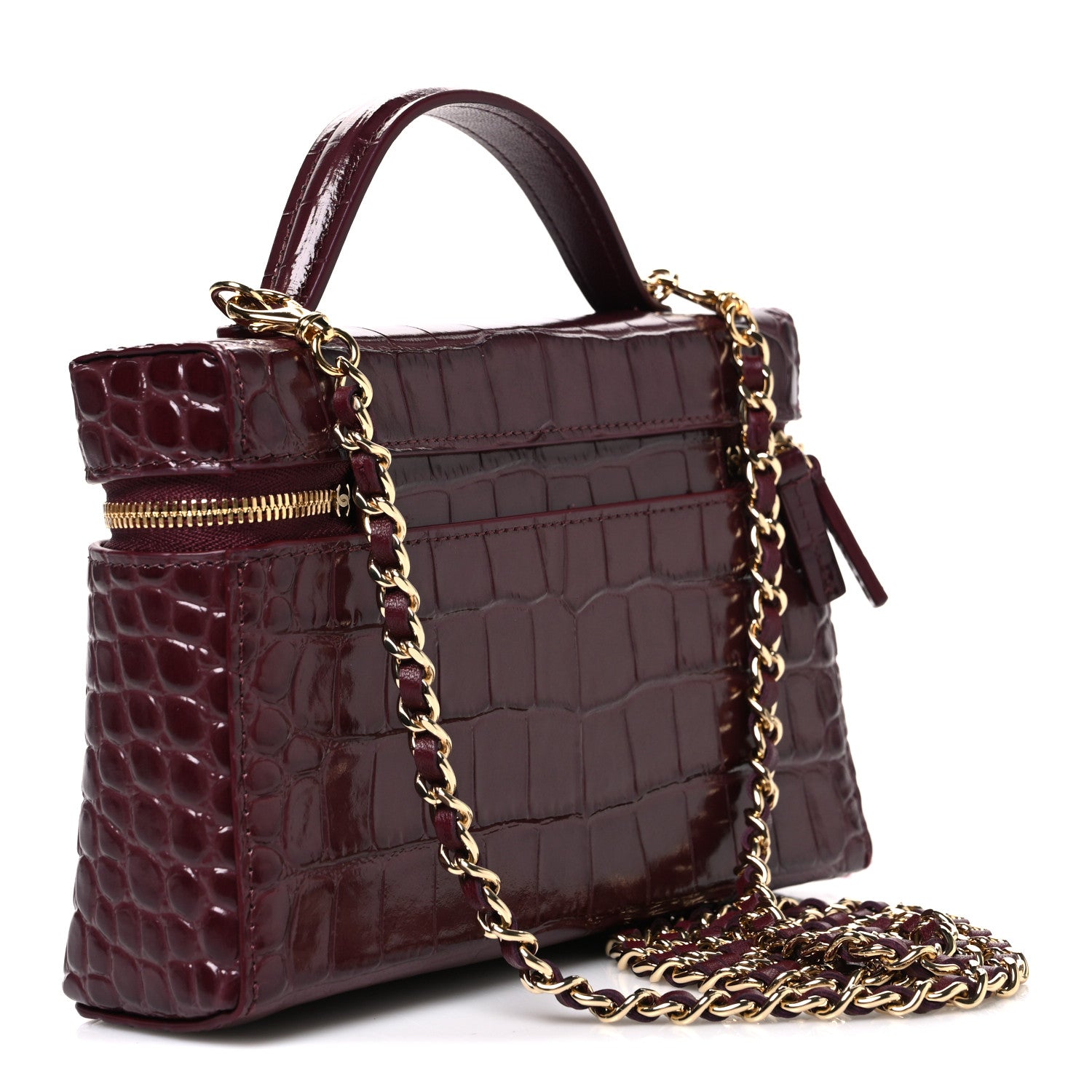 Chanel Calfskin Crocodile Embossed Crococo Top Handle Slim Vanity Case With Chain Dark Burgundy 3 of 12