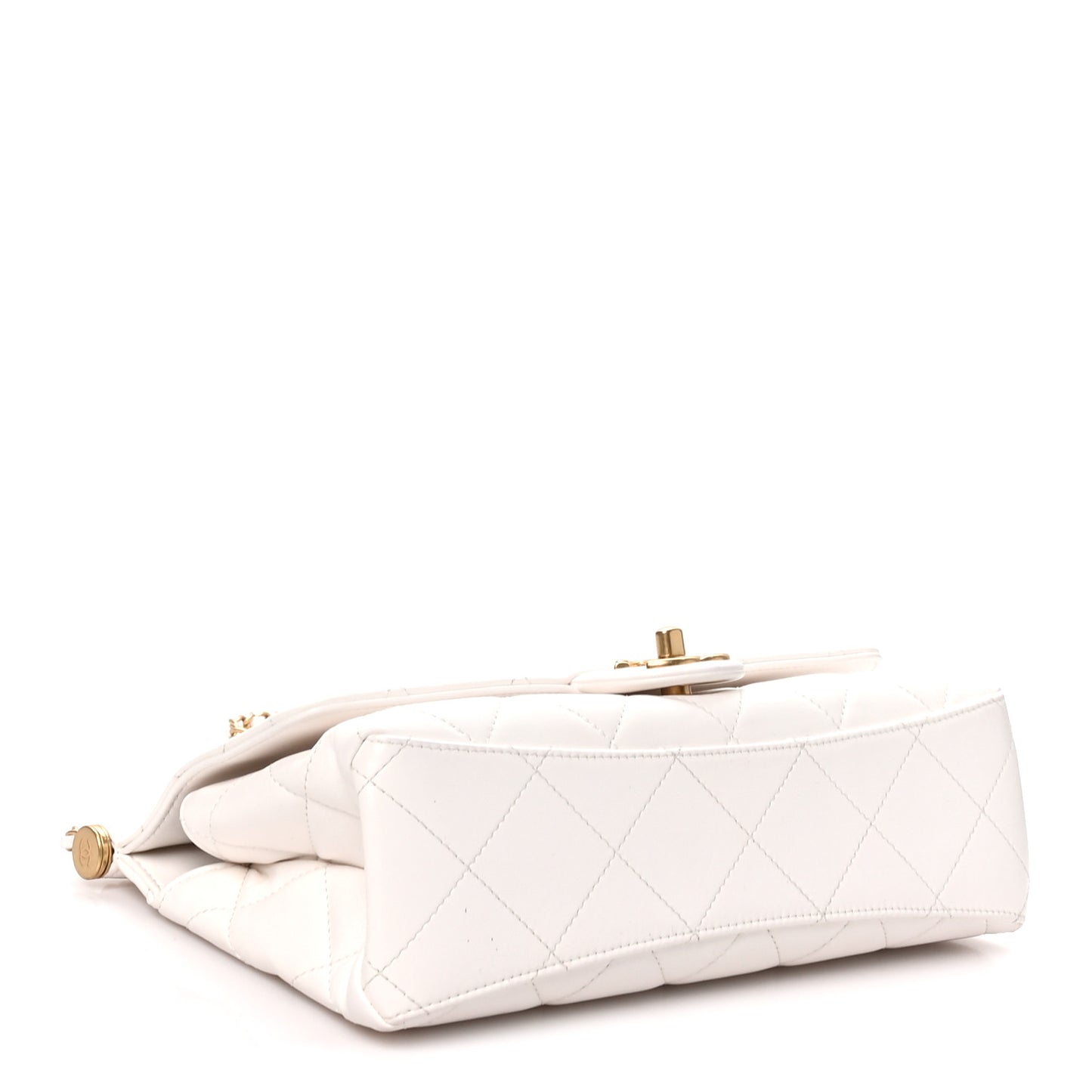 Shiny Lambskin Pearl Top Handle Flap Shopping Bag White