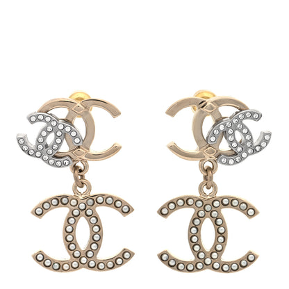 Chanel Crystal Pearl Double CC Drop Earrings Gold Silver 1 of 4