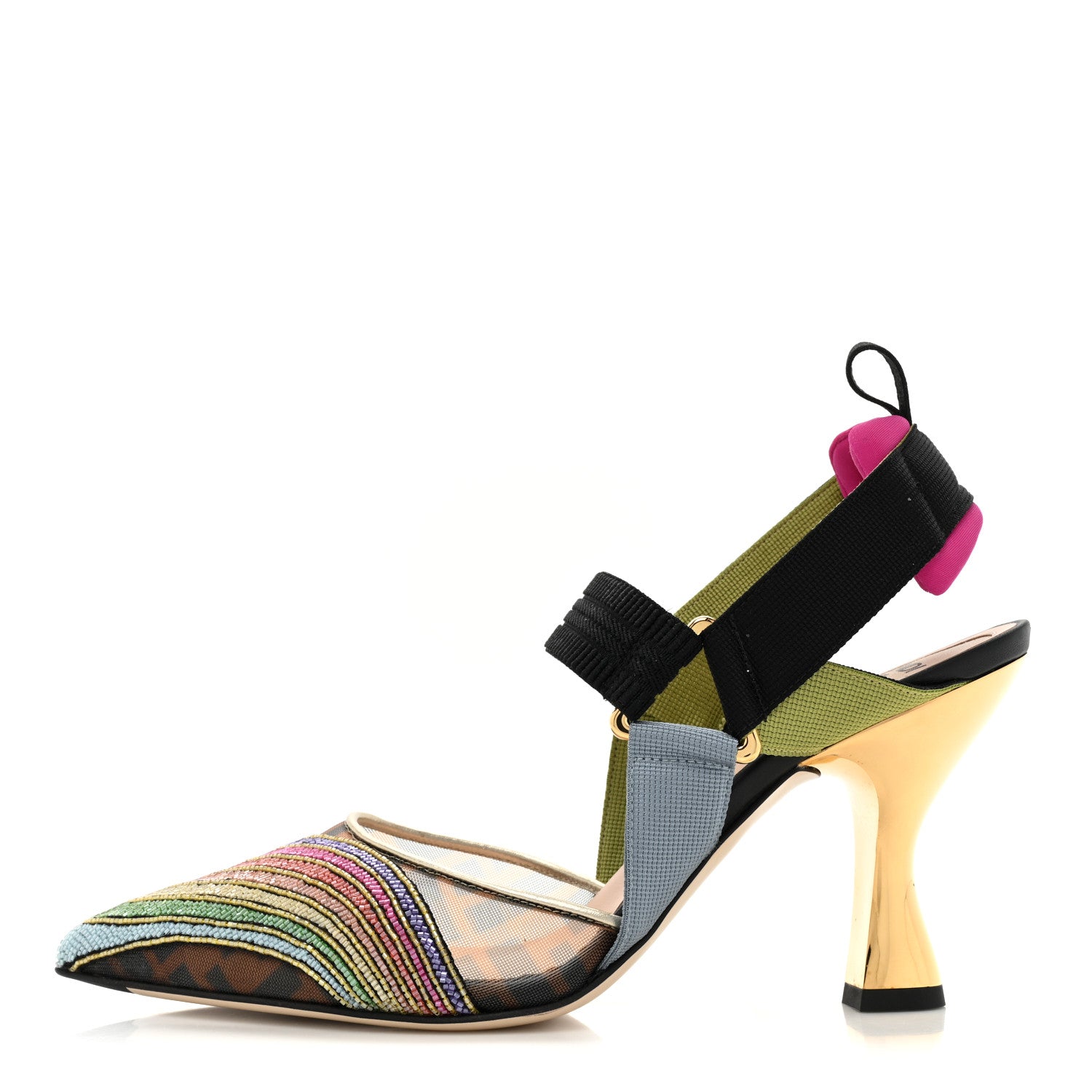 Fendi Technical Mesh FF Rainbow Beaded Colibri 85mm Slingback Pumps 38.5 Tobacco Black Multicolor 1 of 8