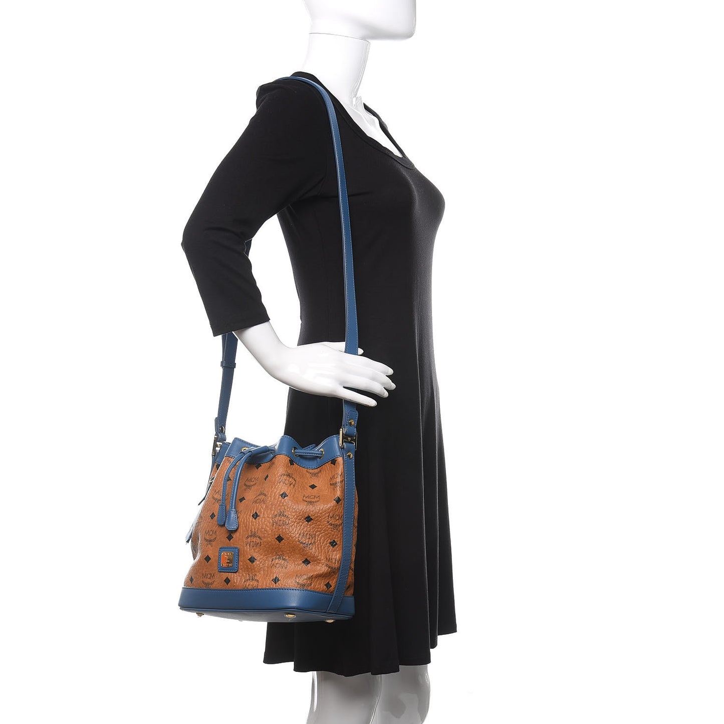 Visetos Small Heritage Drawstring Bucket Bag Cognac Blue
