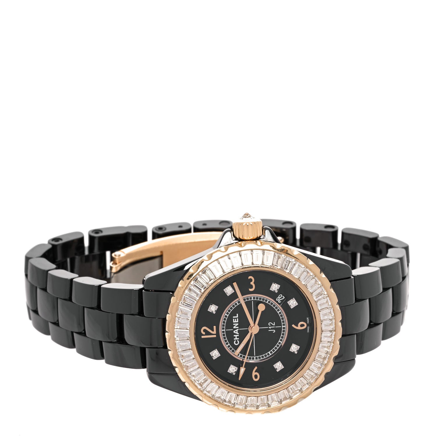 Chanel Stainless Steel 18K Yellow Gold Ceramic Diamond Baguette 33mm J12 Quartz Watch Black 2 of 5