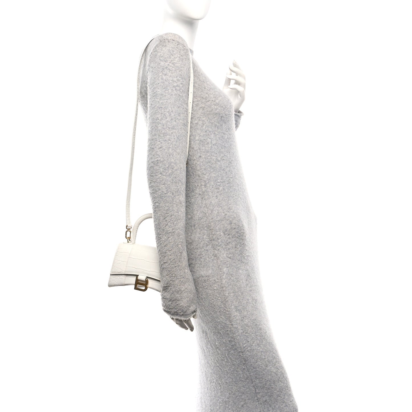 Shiny Calfskin Crocodile Embossed Hourglass Top Handle Bag XS White