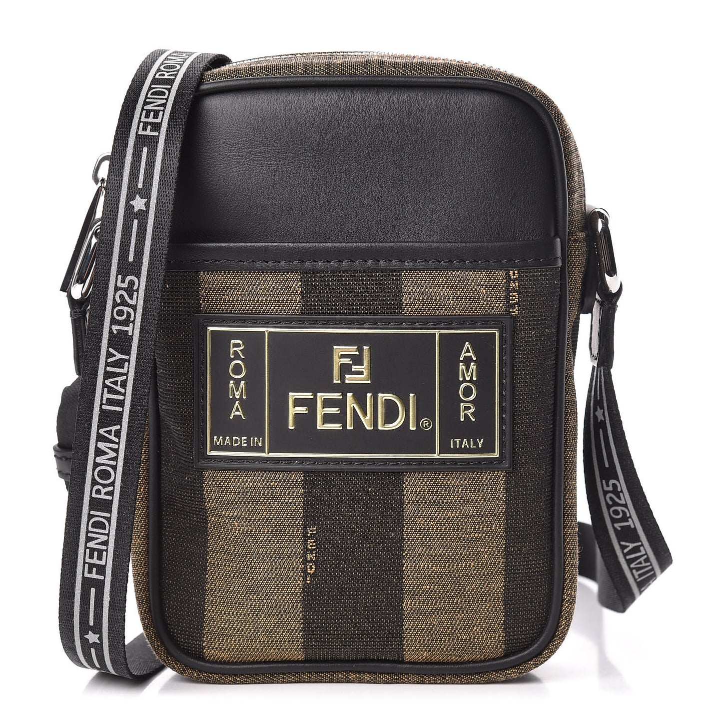 Jacquard Vitello Century Pequin Logo Plate Small Crossbody Messenger Tobacco Moro Black