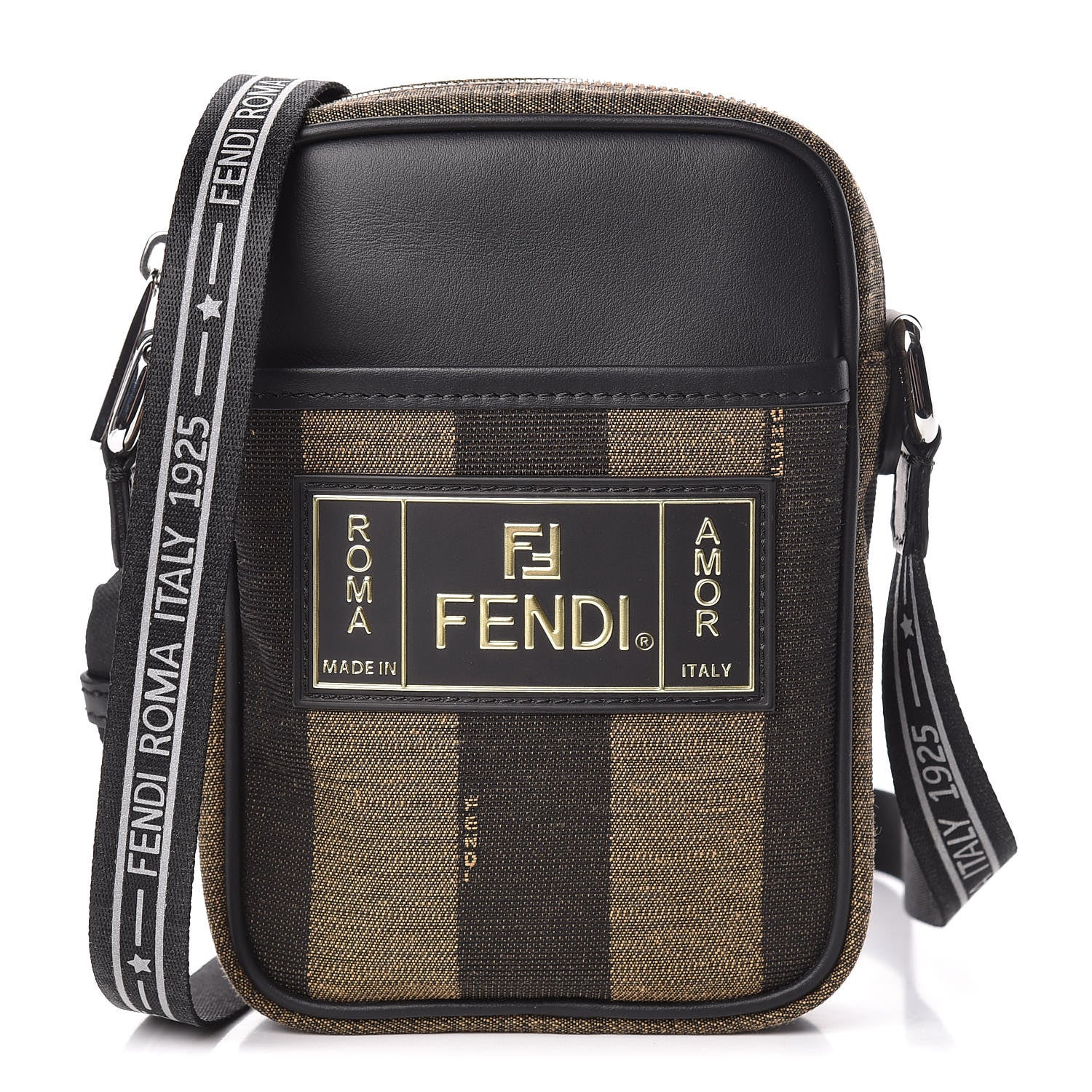 Fendi Jacquard Vitello Century Pequin Logo Plate Small Crossbody Messenger Tobacco Moro Black 1 of 12
