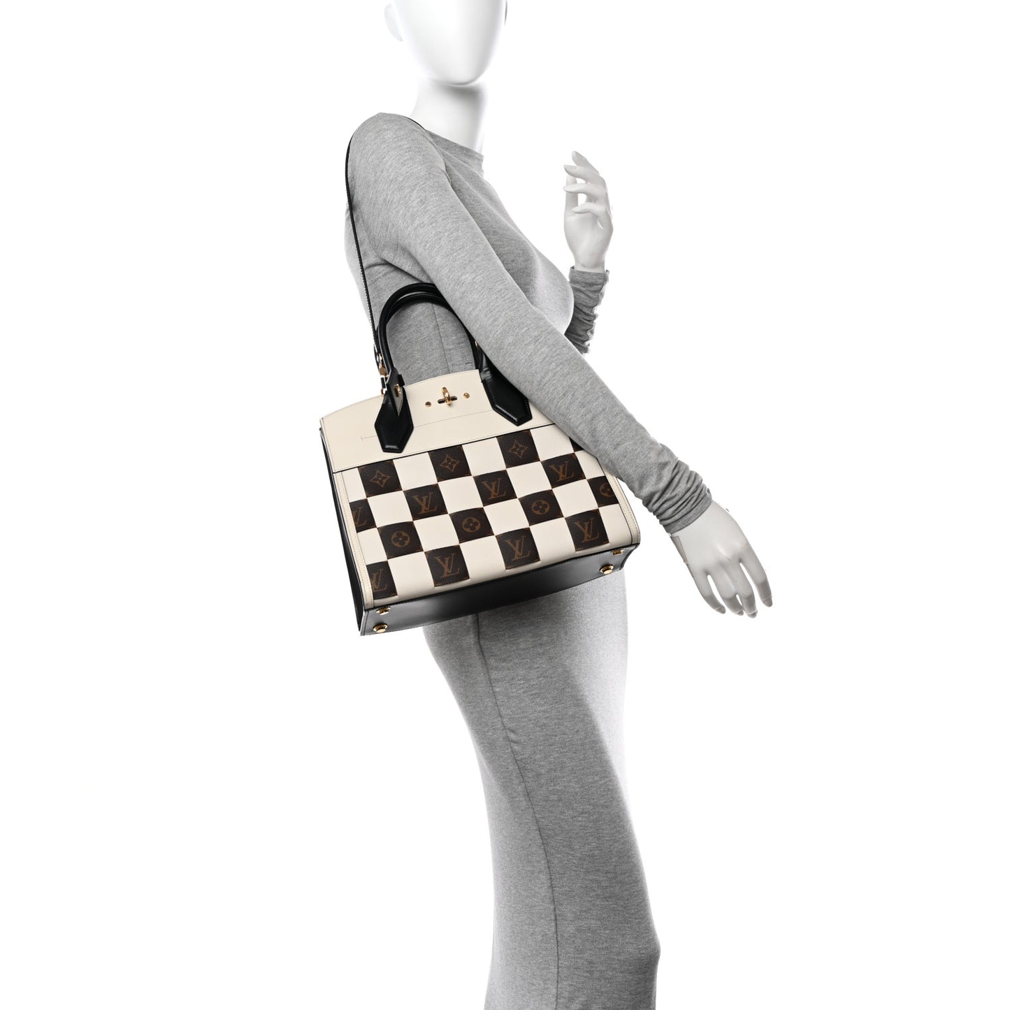 Calfskin Monogram Damier Tressage City Steamer MM Creme