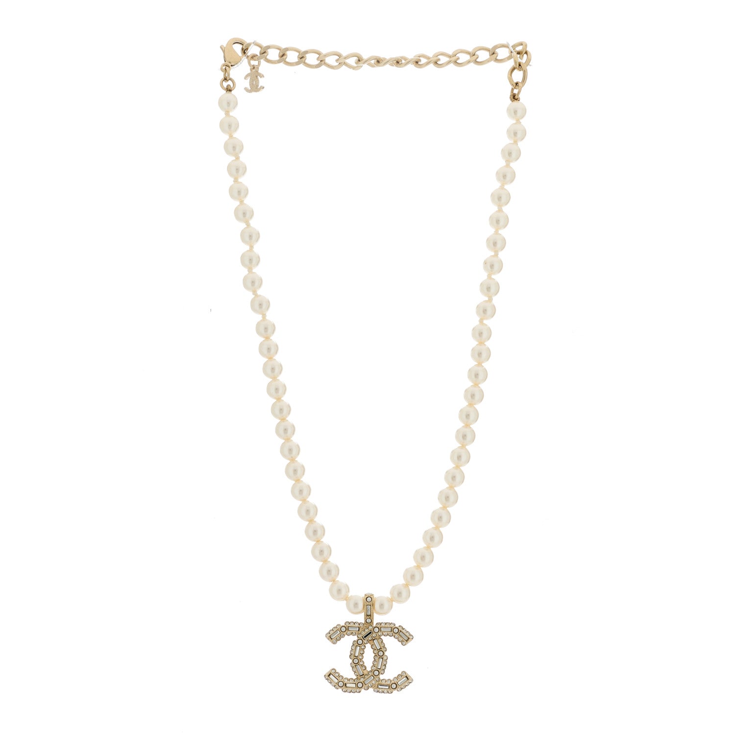 Chanel Pearl Crystal Baguette CC Short Necklace Gold 3 of 5