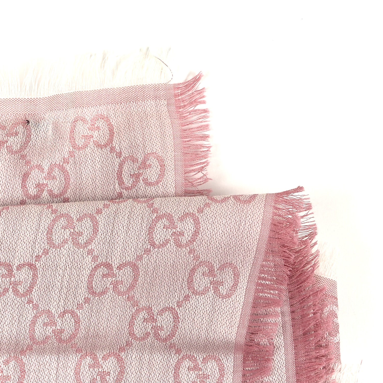 Gucci Wool Silk Monogram GGWeb Fringe Shawl Rose Ivory 4 of 4