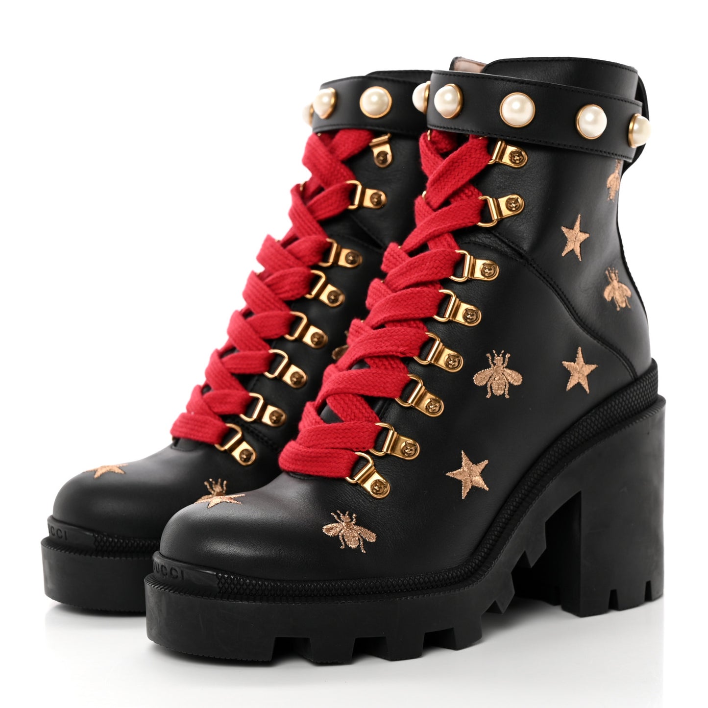 Calfskin Embroidered Lace Up Combat Ankle Boots 37.5 Black