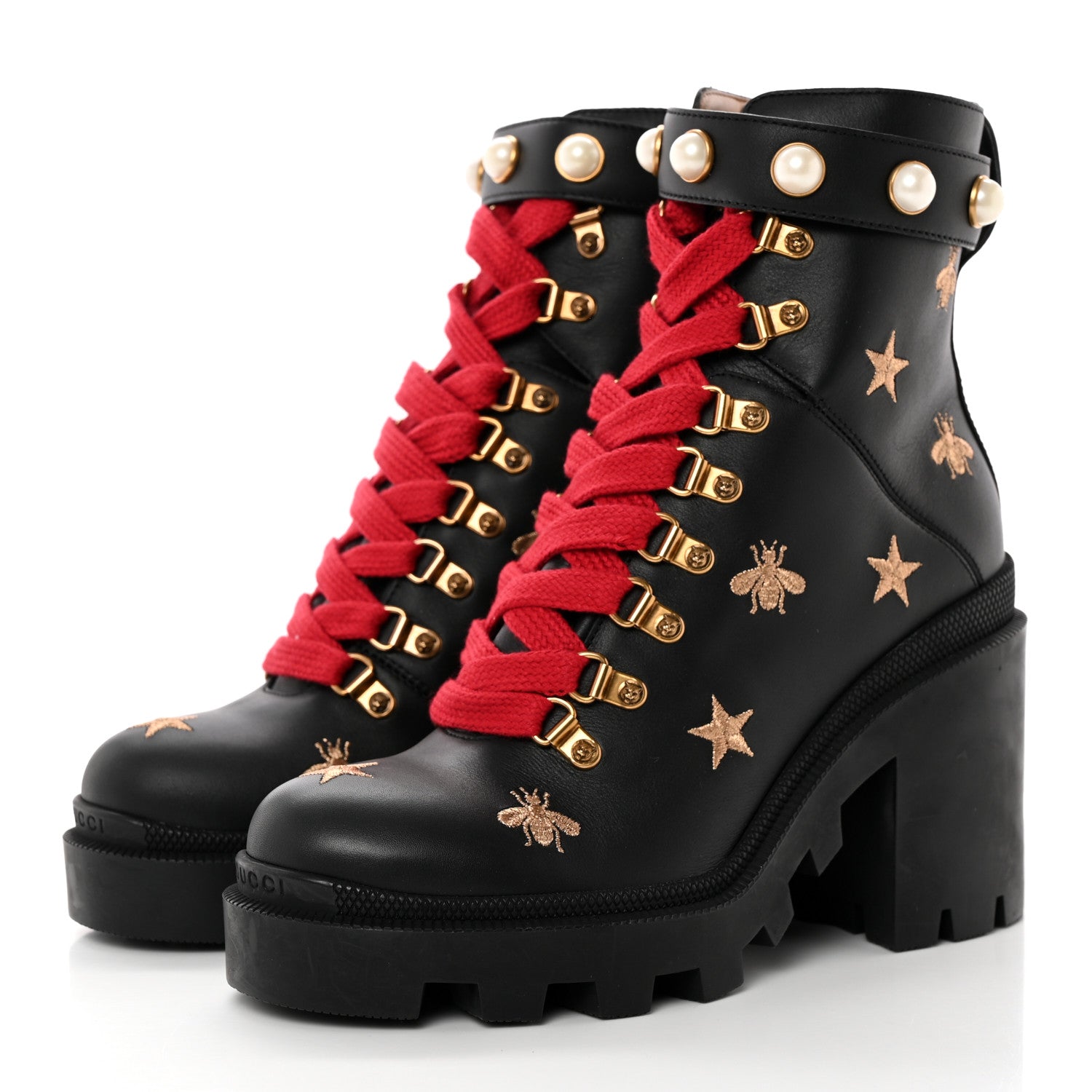Gucci Calfskin Embroidered Lace Up Combat Ankle Boots 37.5 Black 3 of 14