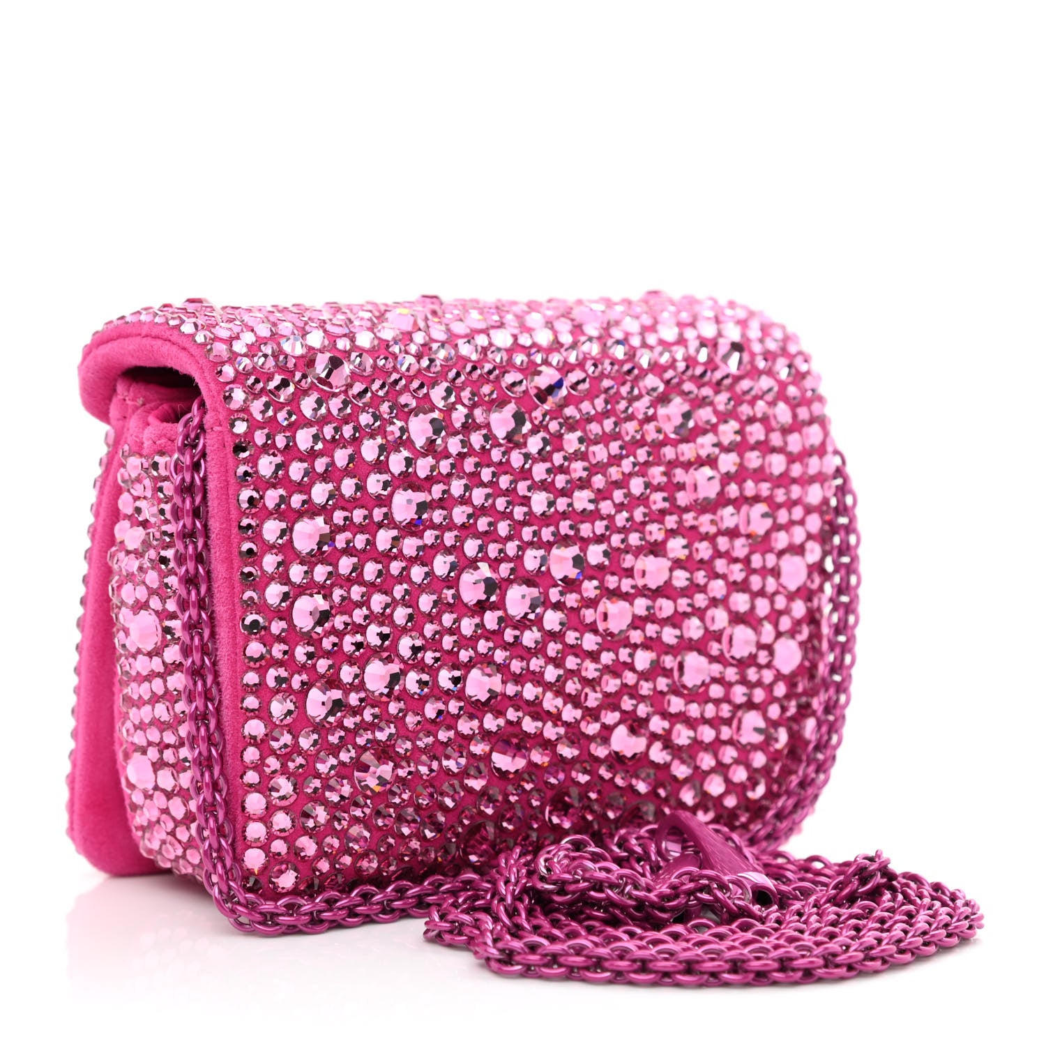Valentino Garavani Crystal Suede Embellished Micro One Stud Chain Bag Pink PP 3 of 9