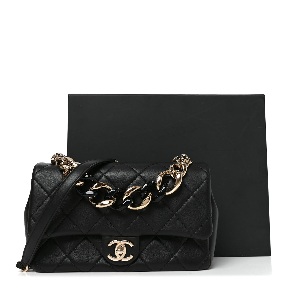 Lambskin Quilted Resin Bi-Color Chain Flap Bag Black