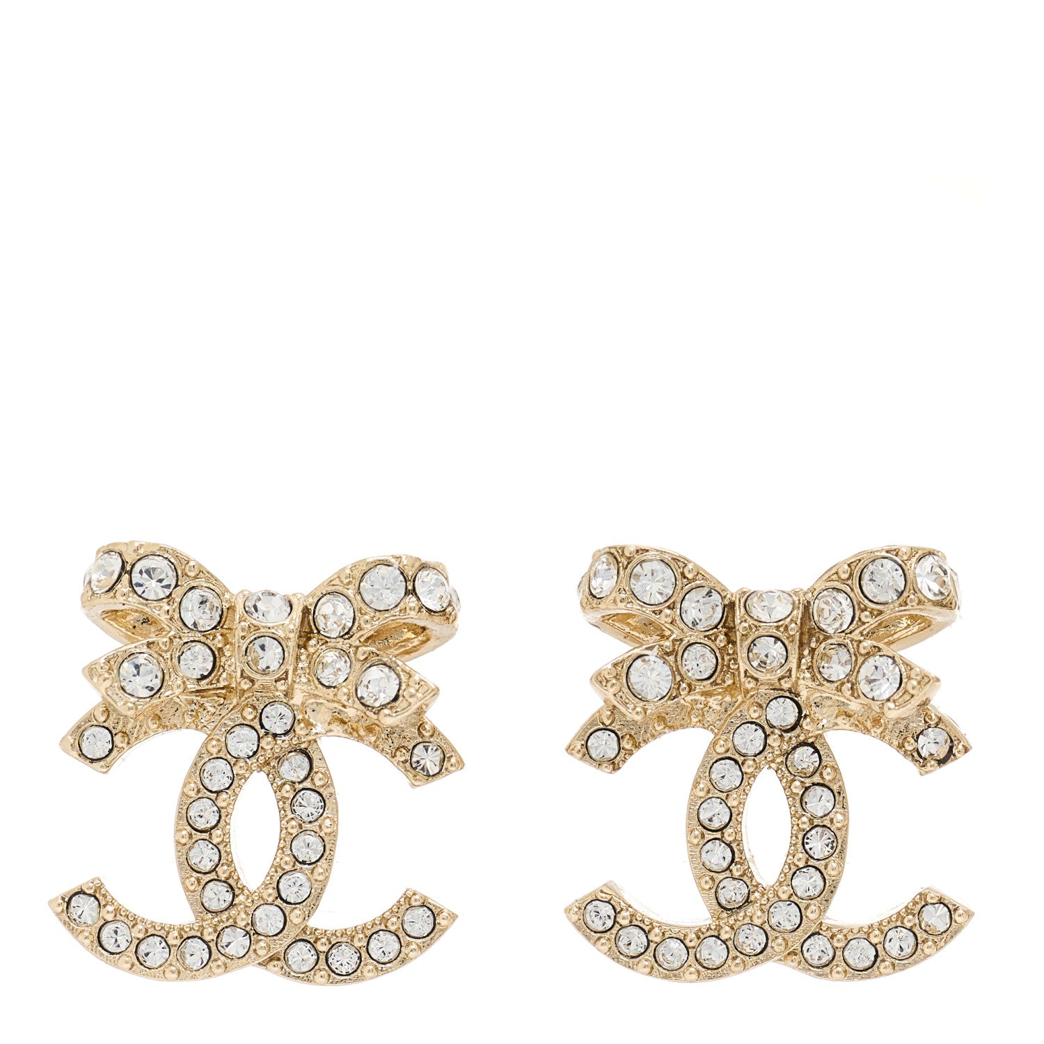 Chanel Crystal CC Bow Dangle Earrings Gold 1 of 5
