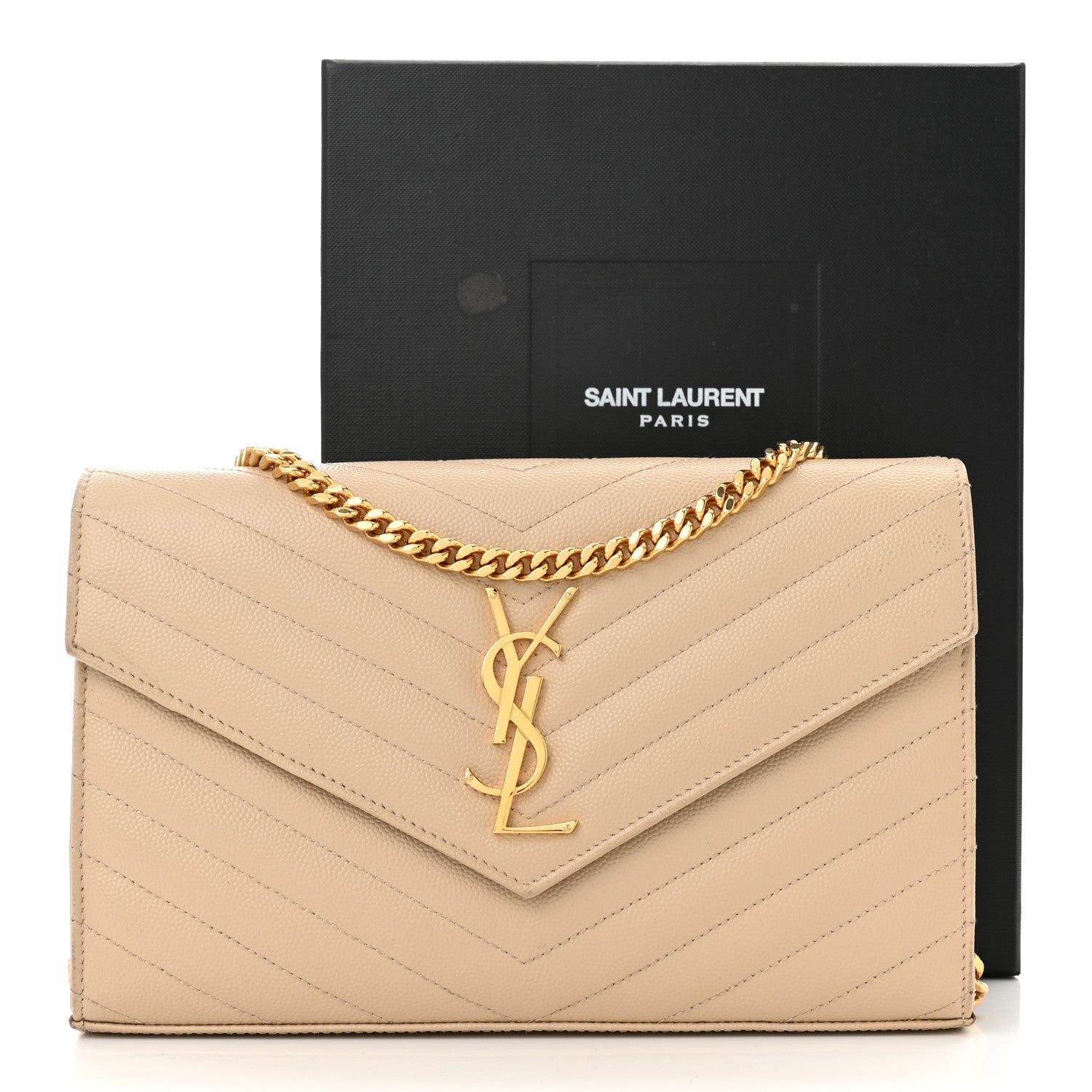 Saint Laurent Grain De Poudre Matelasse Chevron Monogram Chain Wallet  Nude Powder 13 of 13