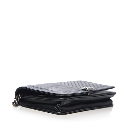 Chanel Grained Calfskin Chevron Quilted Boy Wallet On Chain WOC Black 3 of 14