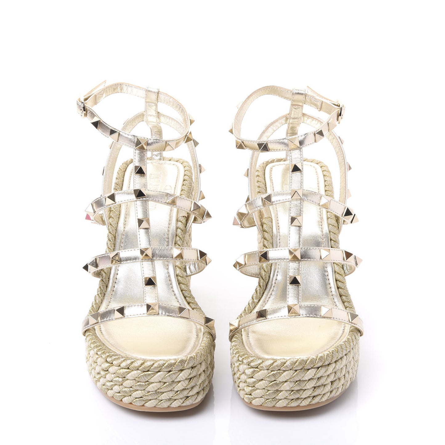 Metallic Nappa Rockstud Ankle Strap Torchon Espadrille Caged 25/95mm Wedge Sandals 38 Platino