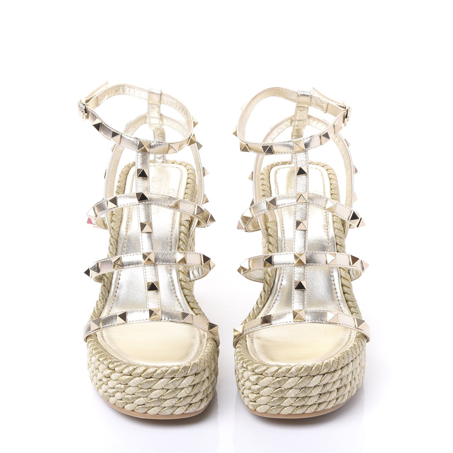 Valentino Garavani Metallic Nappa Rockstud Ankle Strap Torchon Espadrille Caged 25/95mm Wedge Sandals 38 Platino 3 of 8