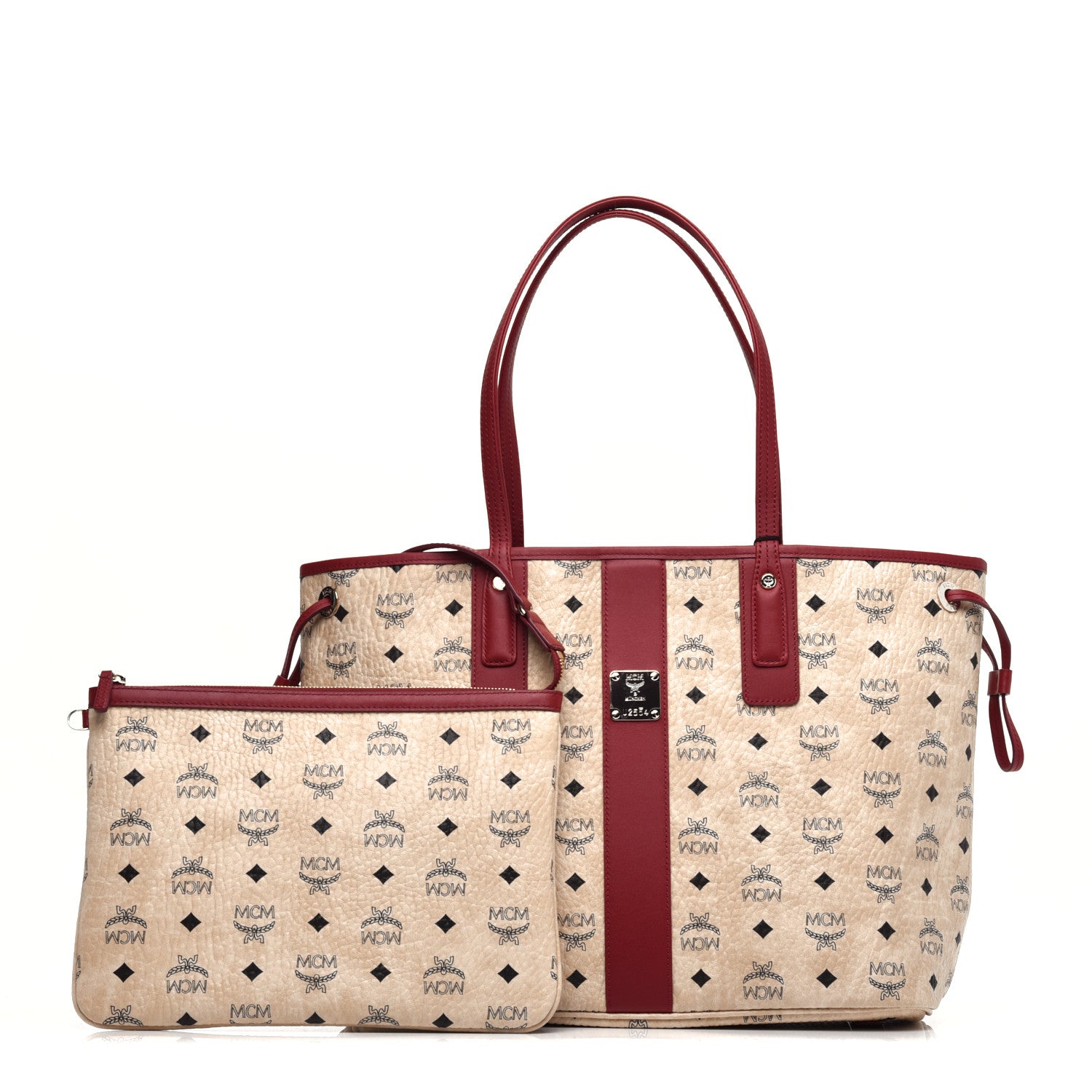 MCM Visetos Medium Liz Reversible Shopper Tote Beige Ruby Red 1 of 15