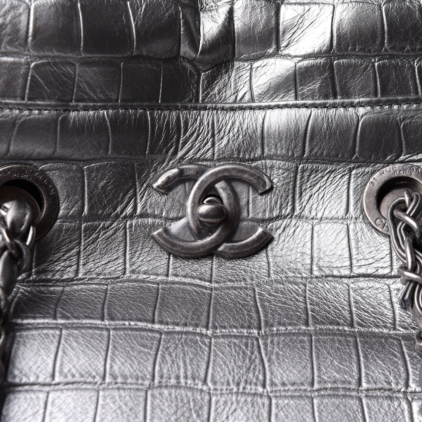 Calfskin Crocodile Embossed Large Shopping Tote Silver