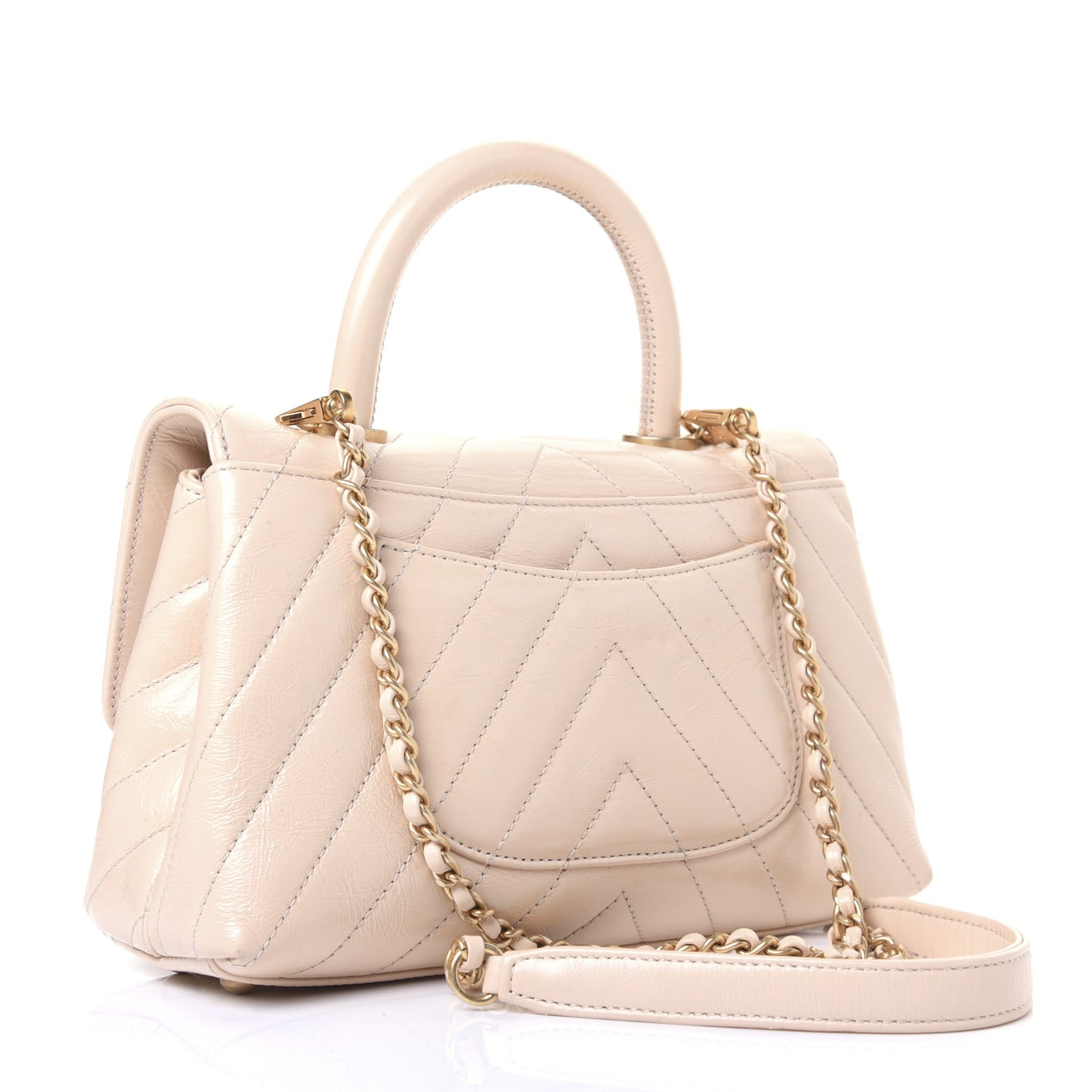 Calfskin Chevron Quilted Mini Coco Handle Flap Beige