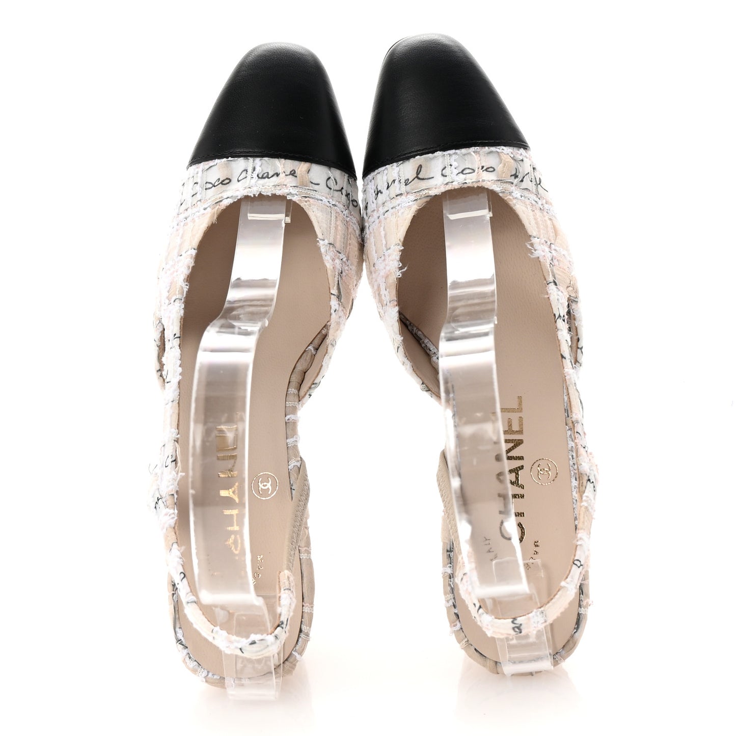 Tweed Lambskin Cap Toe CC Logo Slingback Pumps 35 Beige Ecru Black