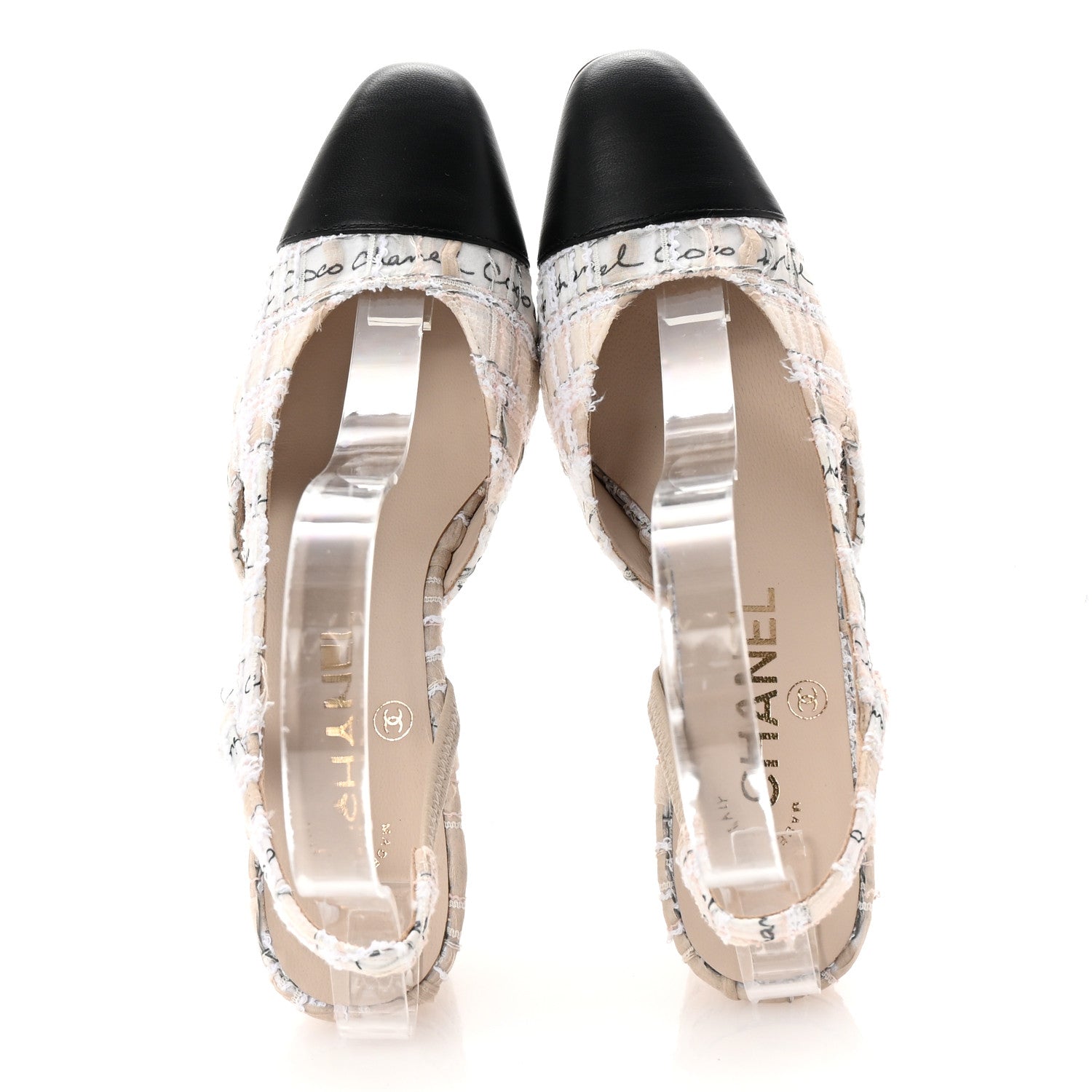Chanel Tweed Lambskin Cap Toe CC Logo Slingback Pumps 35 Beige Ecru Black 2 of 10