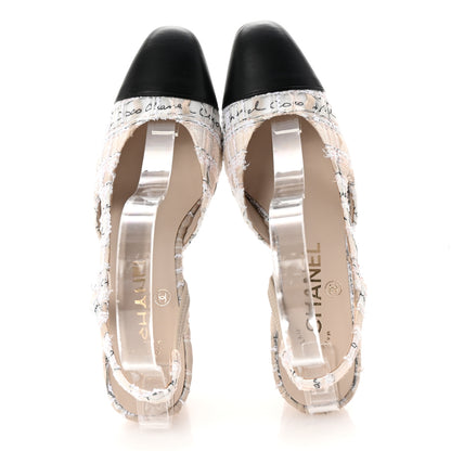 Chanel Tweed Lambskin Cap Toe CC Logo Slingback Pumps 35 Beige Ecru Black 2 of 10