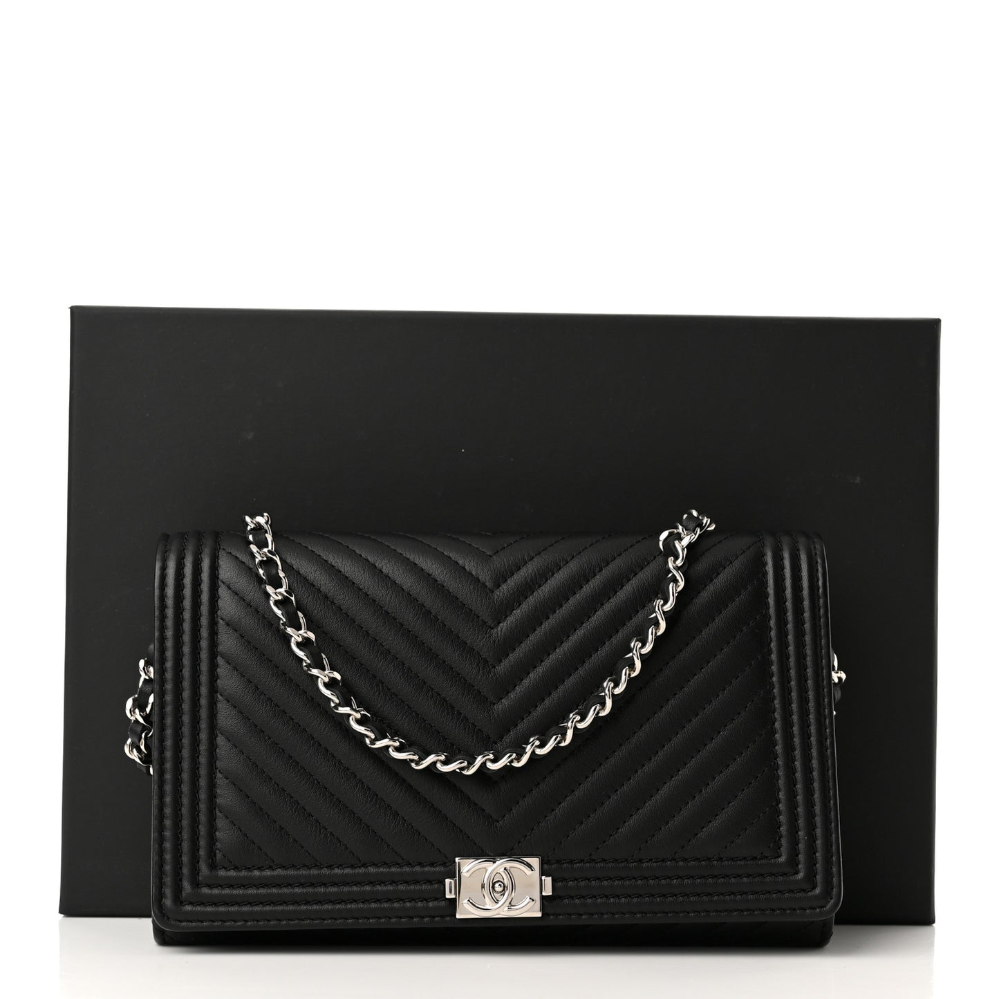 Calfskin Chevron Quilted Boy Wallet On Removable Chain WOC Black