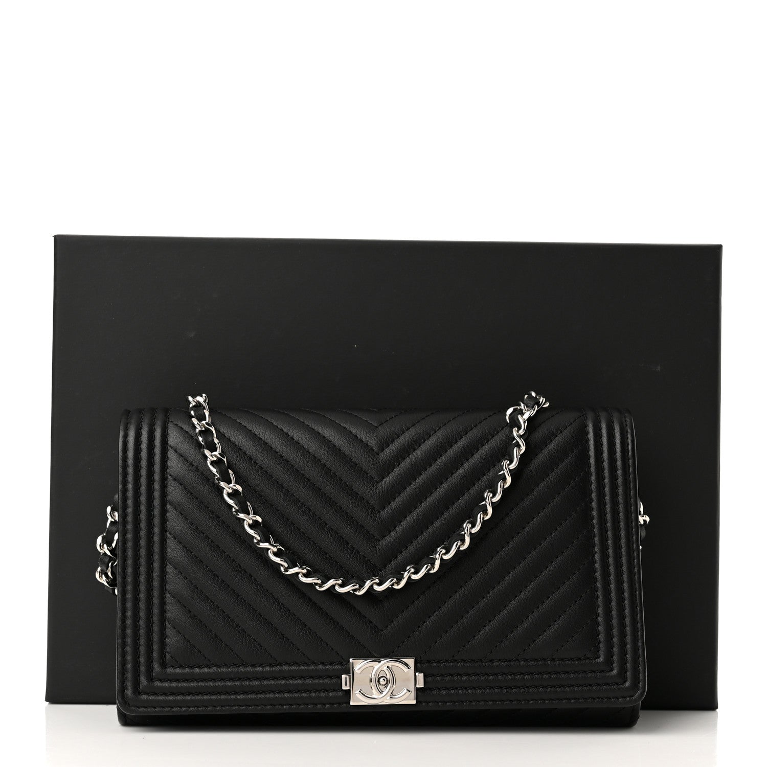 Chanel Calfskin Chevron Quilted Boy Wallet On Removable Chain WOC Black 11 of 11