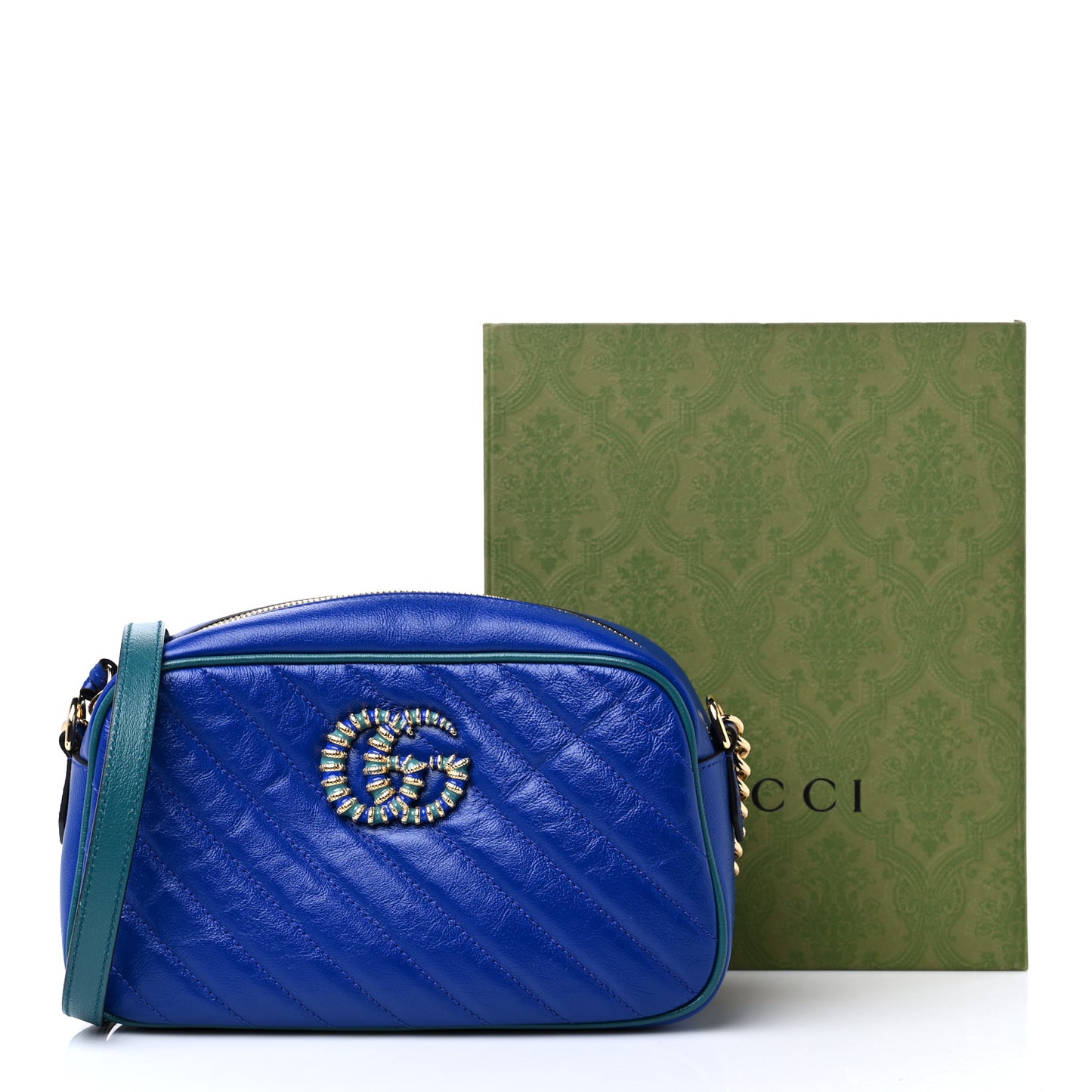 Azalea Calfskin Enamel Matelasse Diagonal Small Torchon GG Marmont Chain Shoulder Bag Imperial Blue Pavone