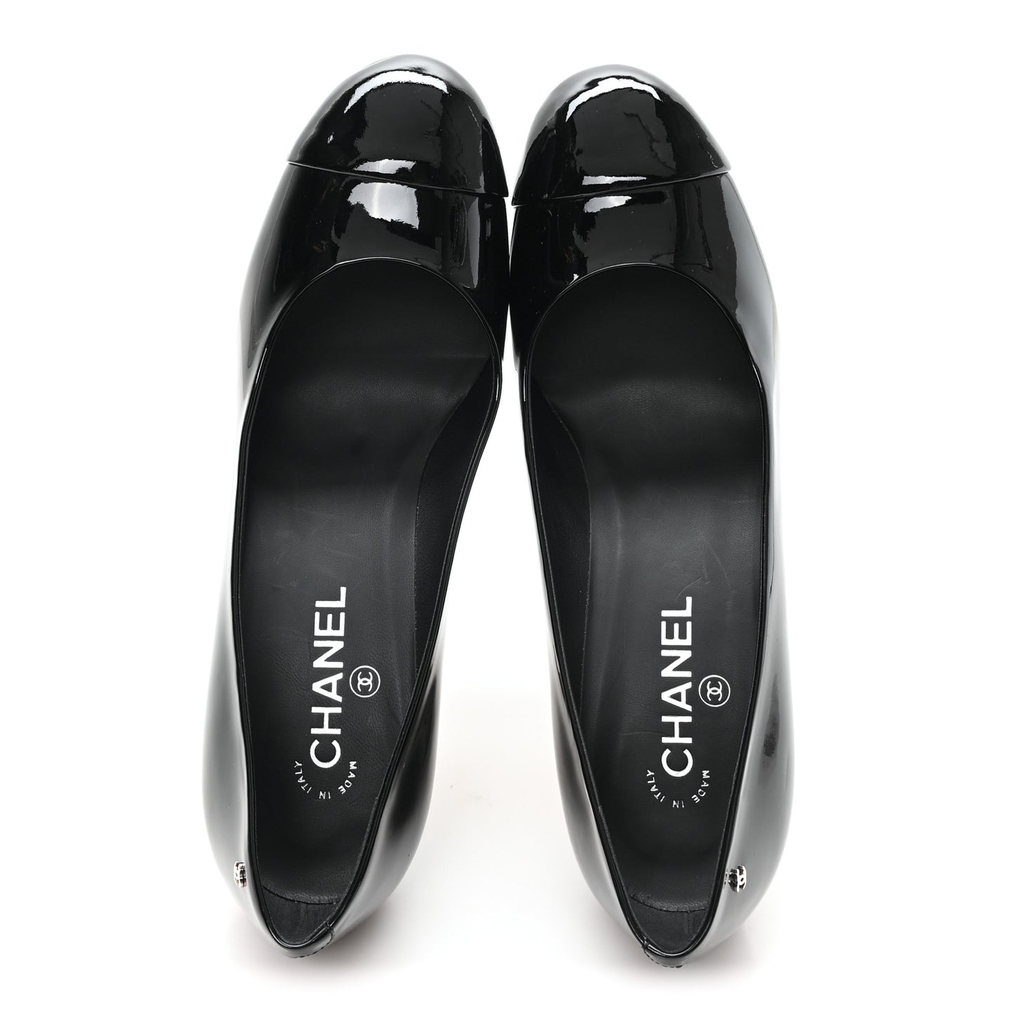 Patent Calfskin Cap Toe CC Pearl Pumps 41 Black
