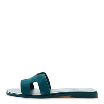 Hermes Suede Goatskin Oran Sandals 38.5 Vert Oxford 1 of 9